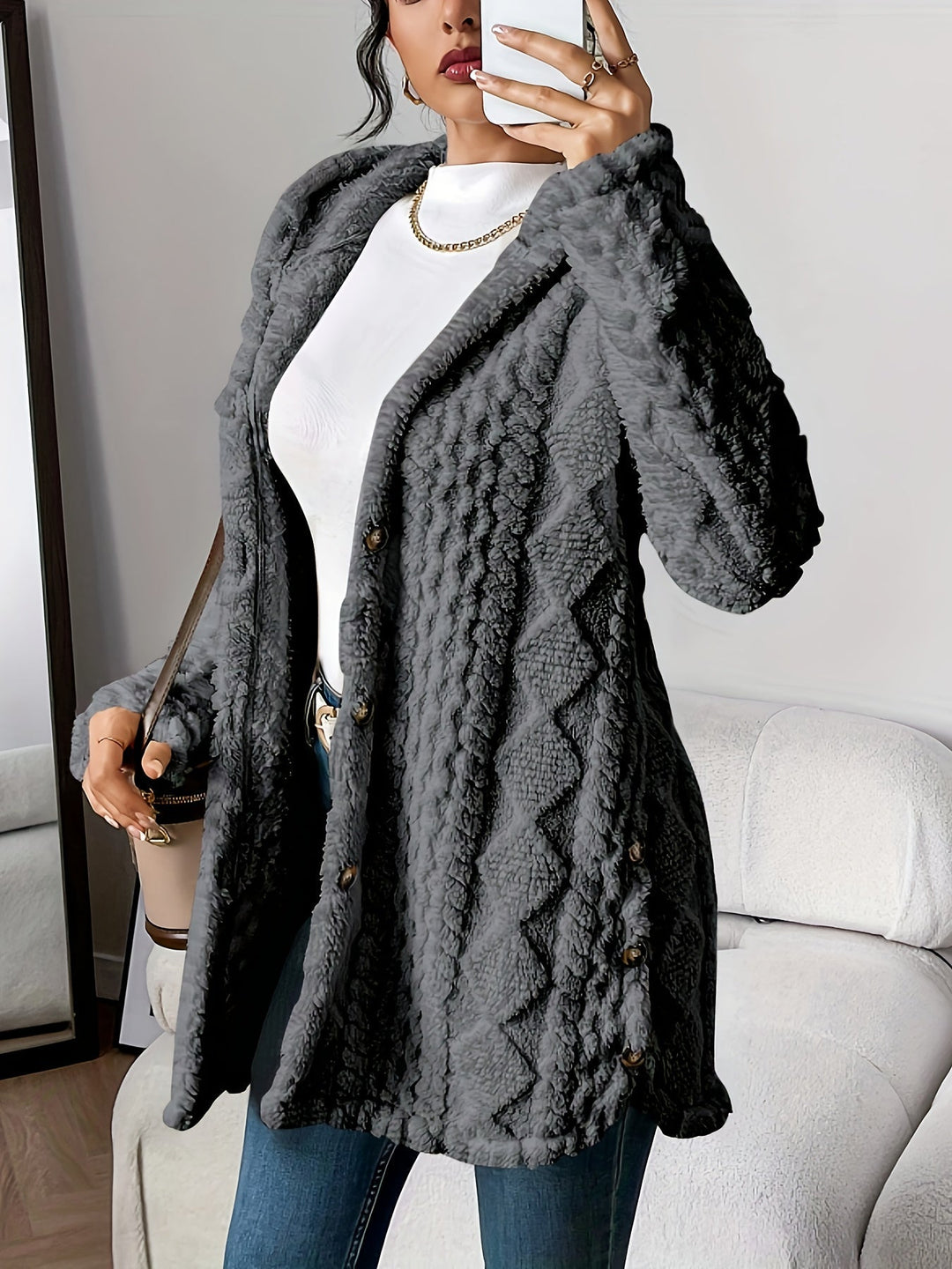 Longline Cardigan Womens Hooded Cable Knit Button Front Mid Thigh Length - image 4