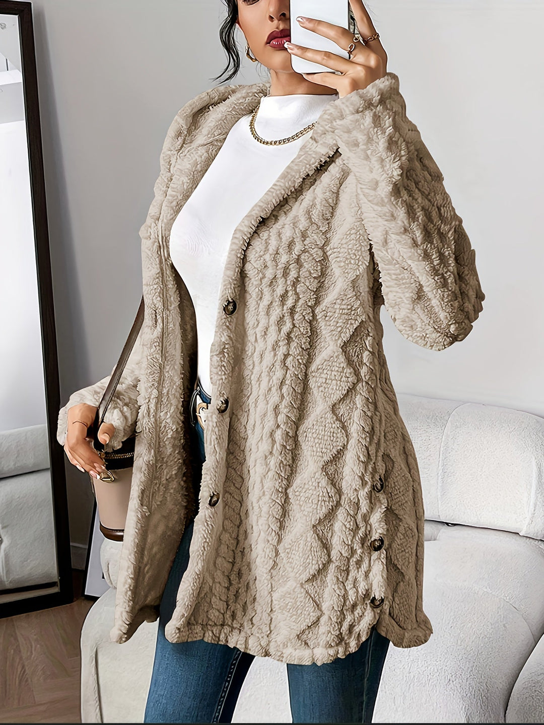 Longline Cardigan Womens Hooded Cable Knit Button Front Mid Thigh Length - image 2