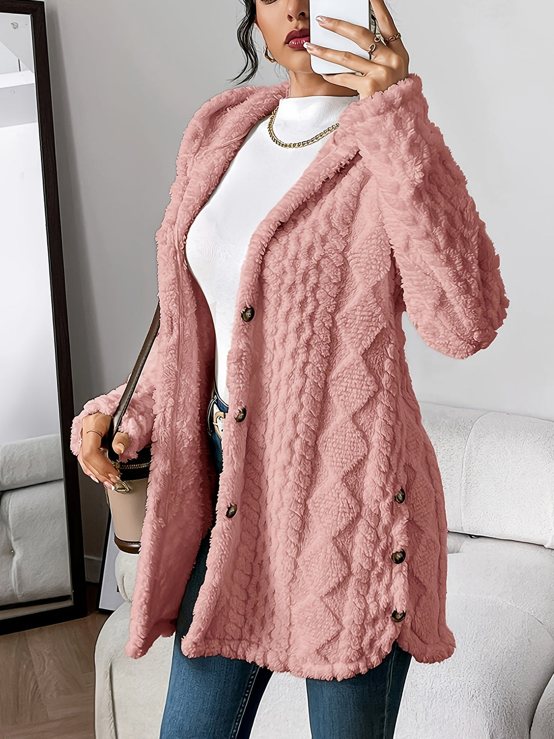 Longline Cardigan Womens Hooded Cable Knit Button Front Mid Thigh Length - image 8