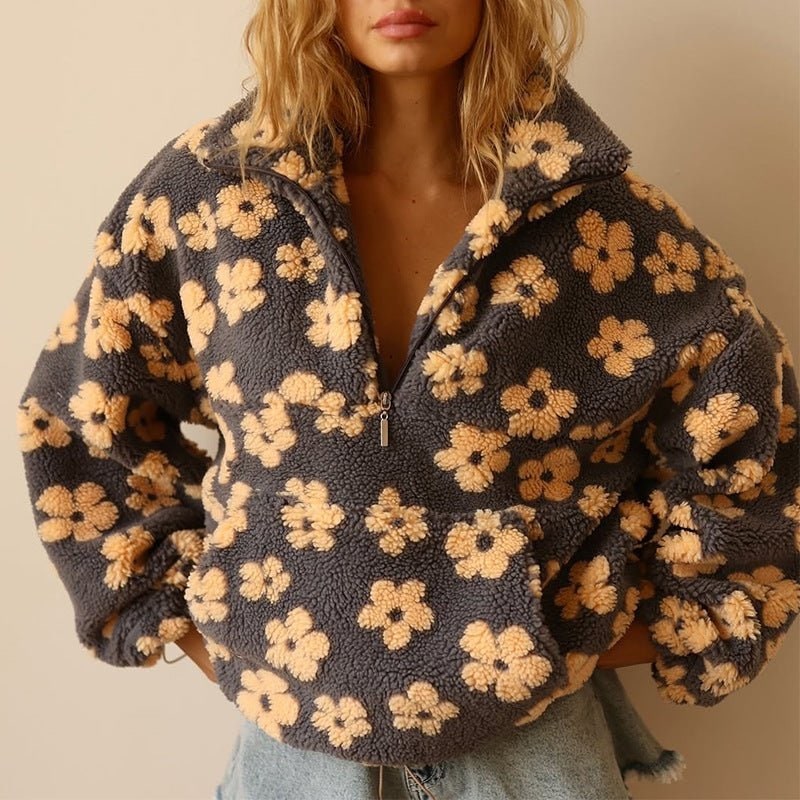 Half Zip Jumper Womens Floral Print Funnel Neck Plush Pile Oversized - image 1
