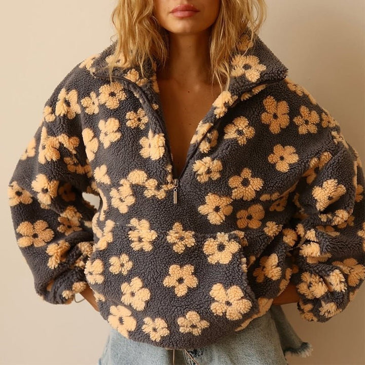 Half Zip Jumper Womens Floral Print Funnel Neck Plush Pile Oversized - image 1