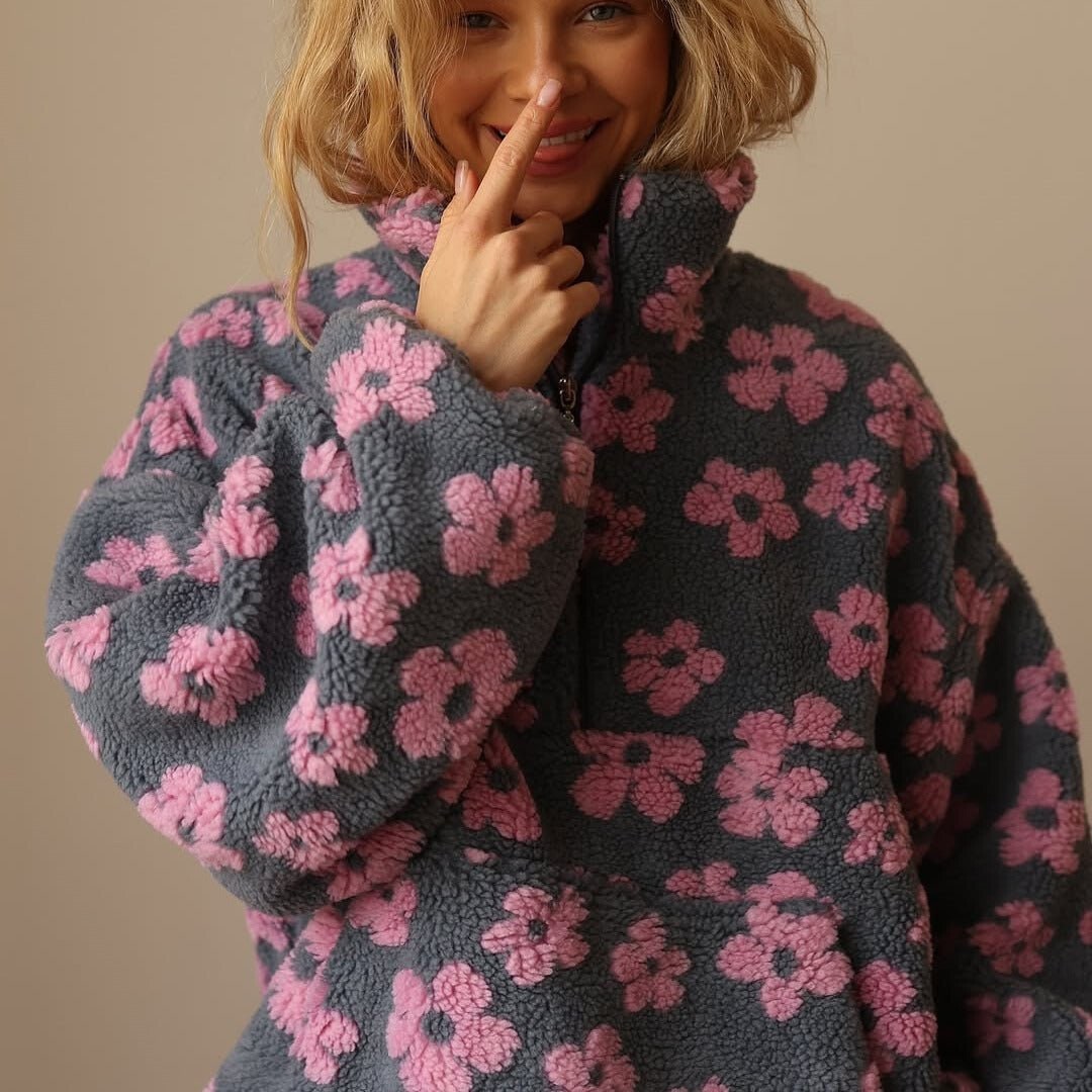 Half Zip Jumper Womens Floral Print Funnel Neck Plush Pile Oversized - image 2