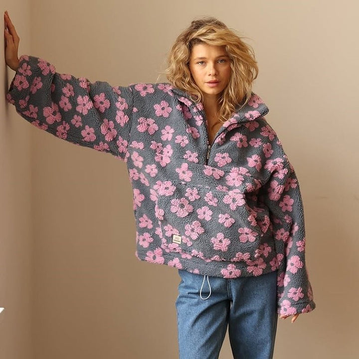 Half Zip Jumper Womens Floral Print Funnel Neck Plush Pile Oversized - image 6