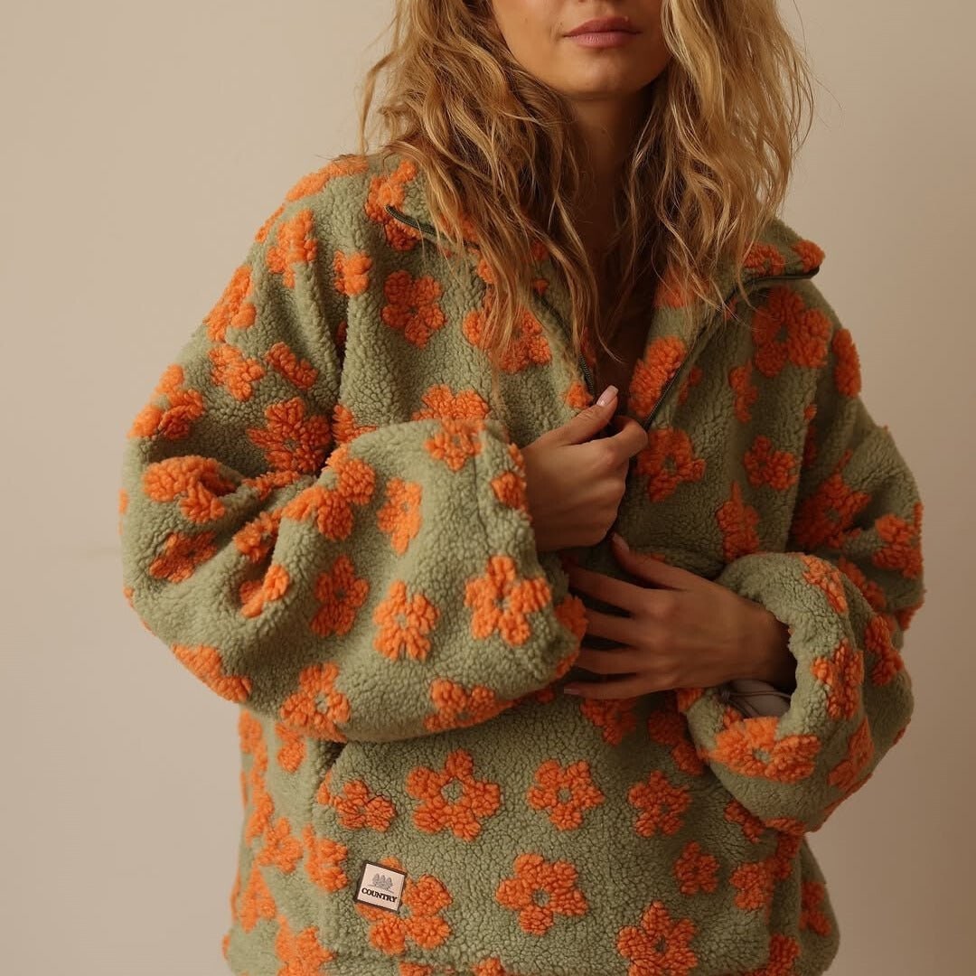 Half Zip Jumper Womens Floral Print Funnel Neck Plush Pile Oversized - image 3