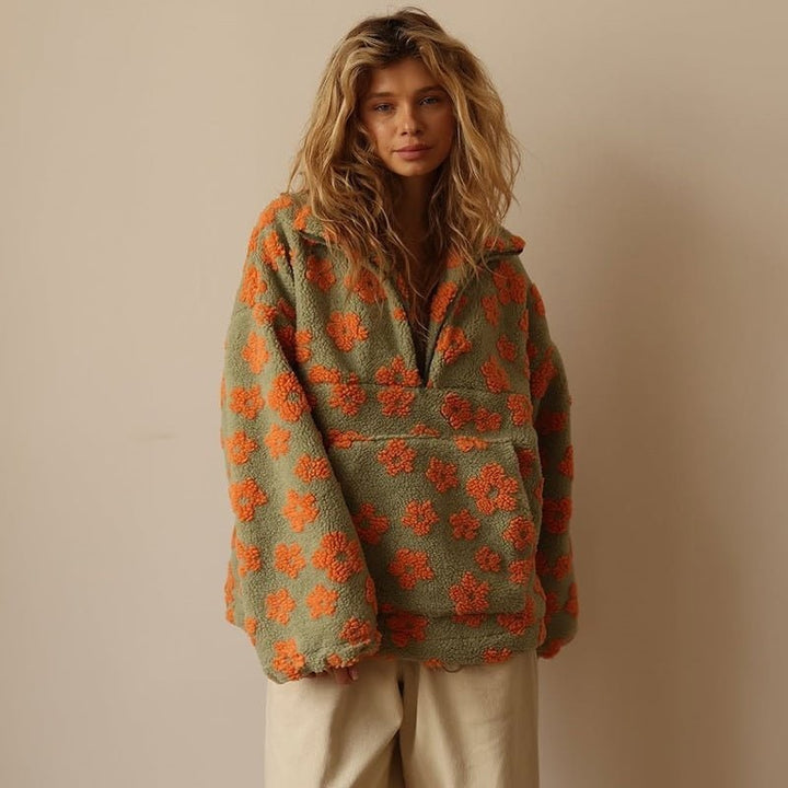 Half Zip Jumper Womens Floral Print Funnel Neck Plush Pile Oversized - image 7