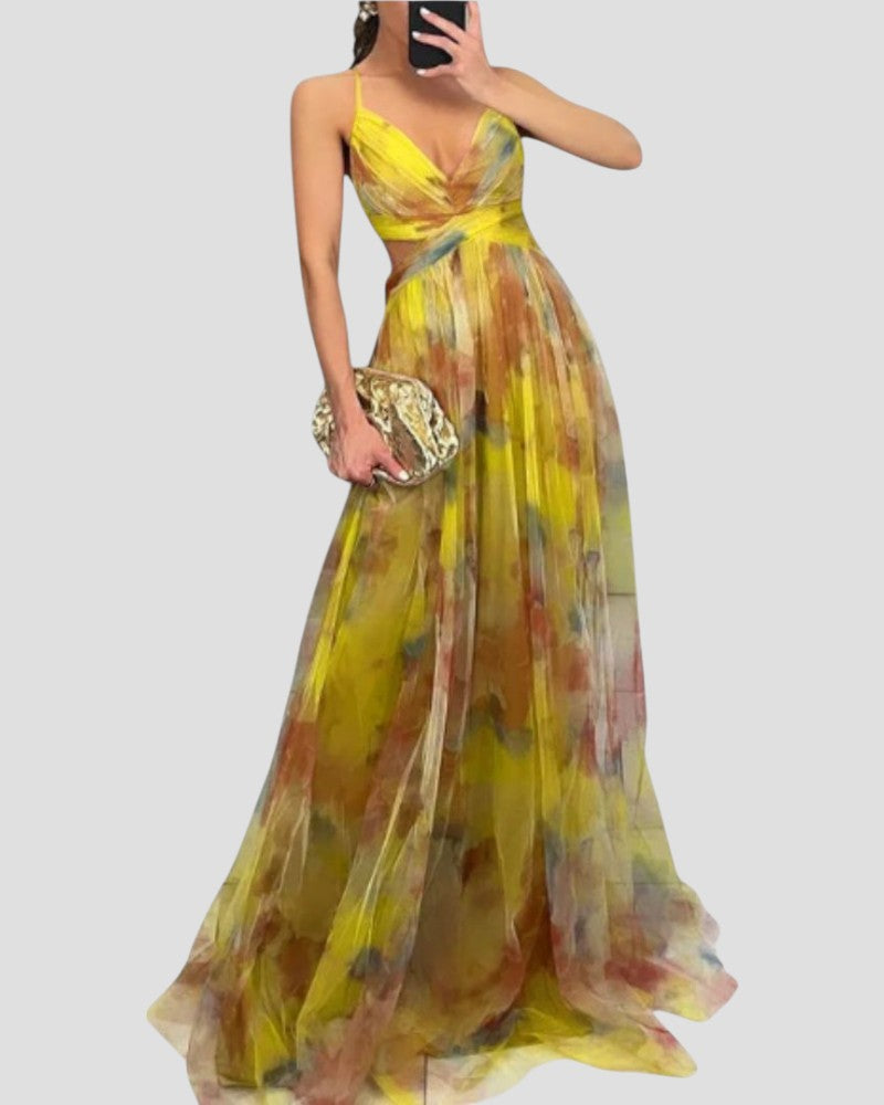 Floral Chiffon Maxi Dress Womens Spaghetti Strap Cut Out Waist - image 2