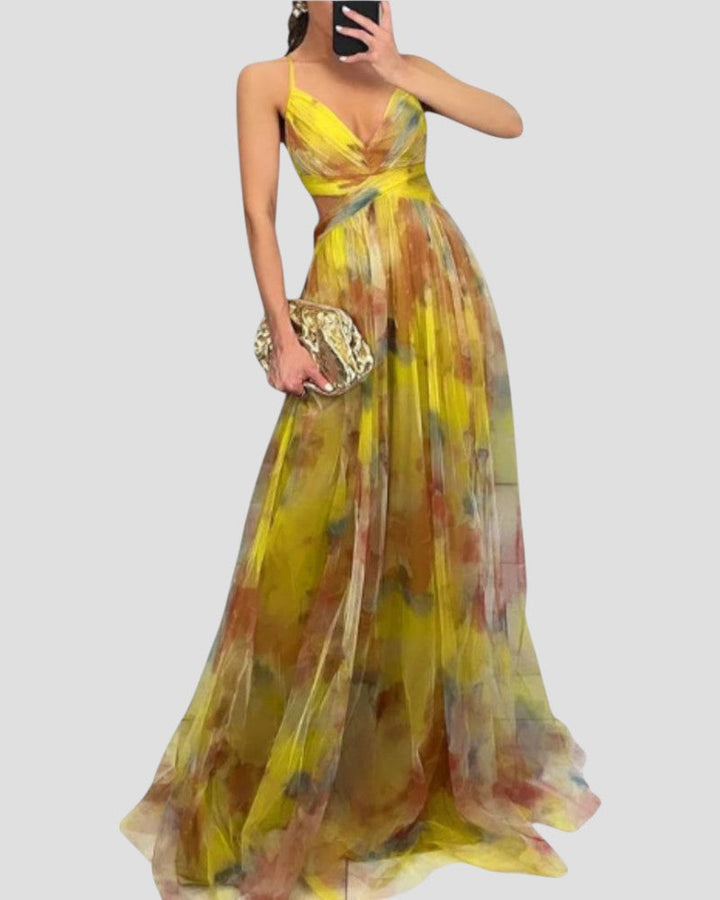 Floral Chiffon Maxi Dress Womens Spaghetti Strap Cut Out Waist - image 2
