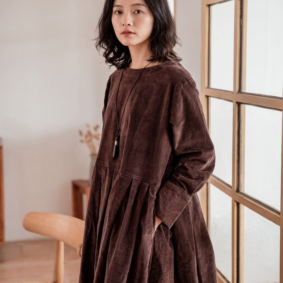 Midi Dress Womens Long Sleeve Pleated Skirt Round Neck Fitted Bodice Swing - image 5