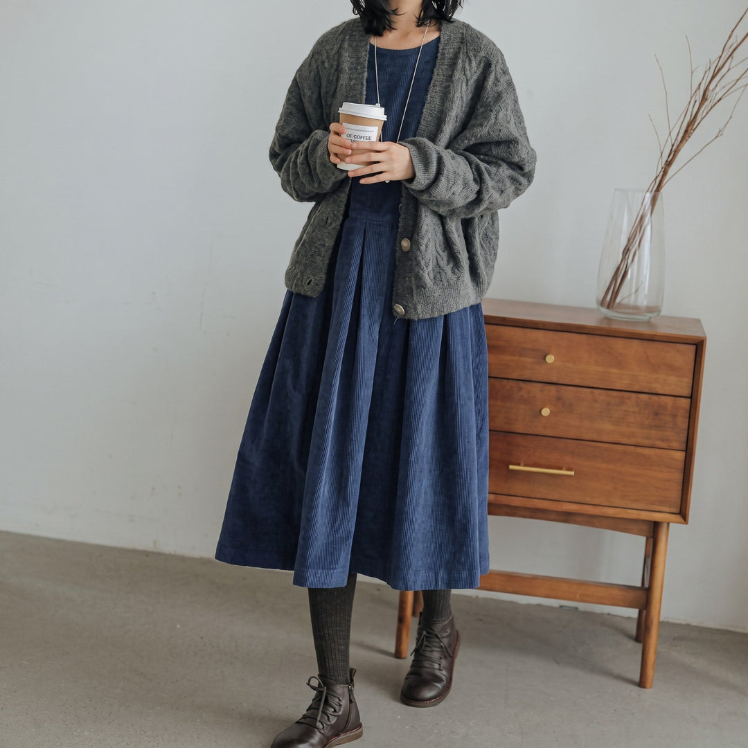 Midi Dress Womens Long Sleeve Pleated Skirt Round Neck Fitted Bodice Swing - image 1